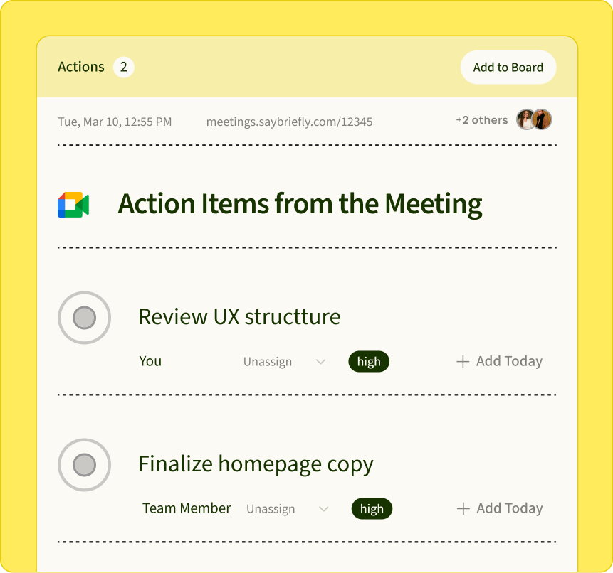 Action items feature showing task board
